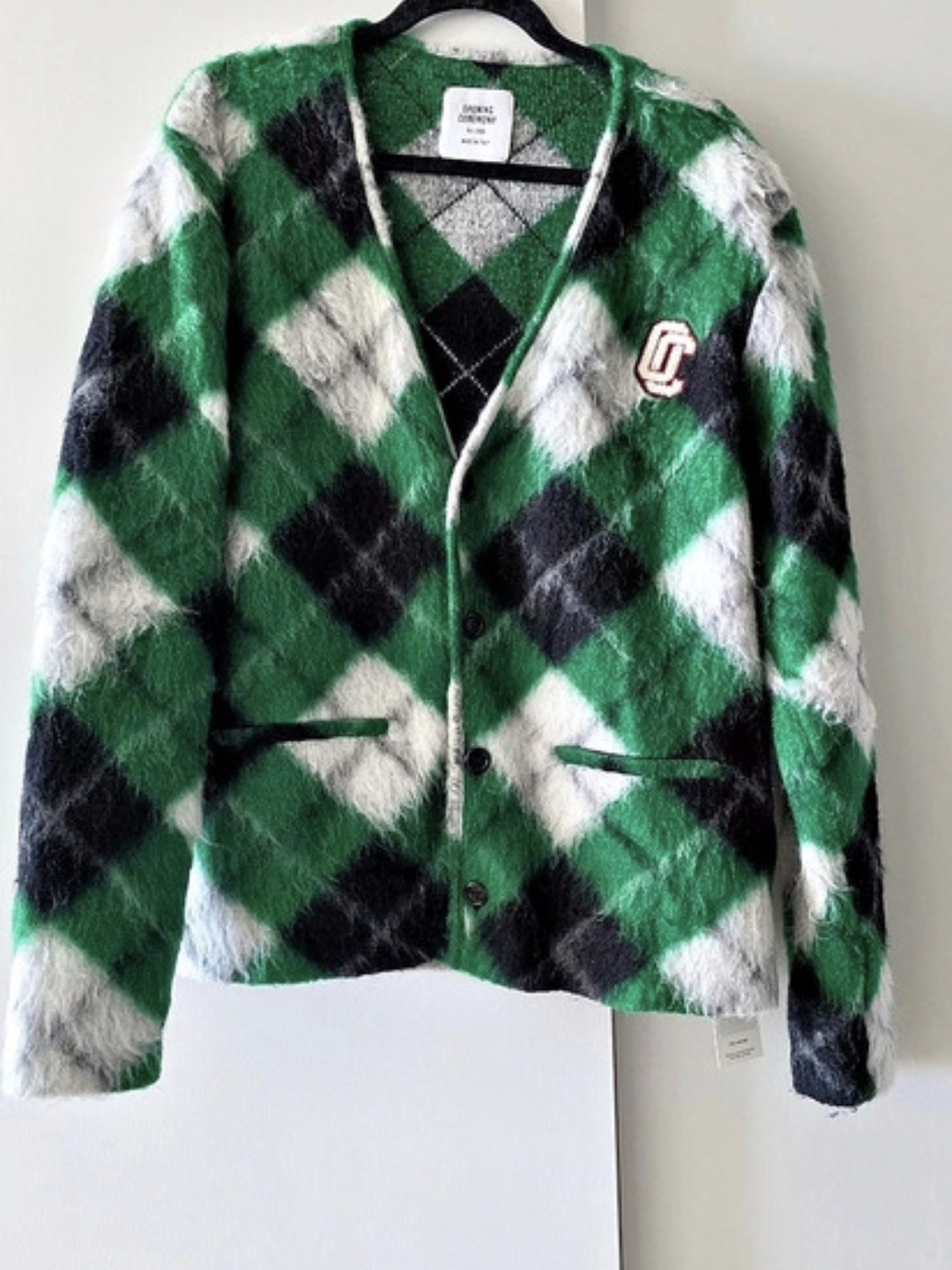 Opening Ceremony Argyle Fuzzy Cardigan in Green & Black